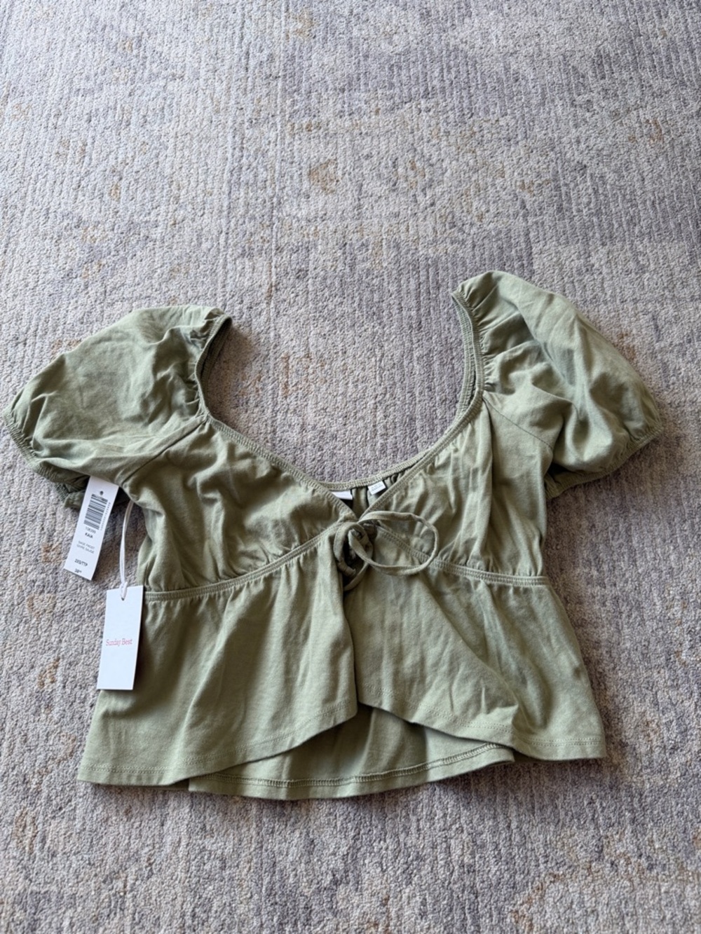 Sunday Best Olive Green Tie-Front Puff Sleeve Crop Top